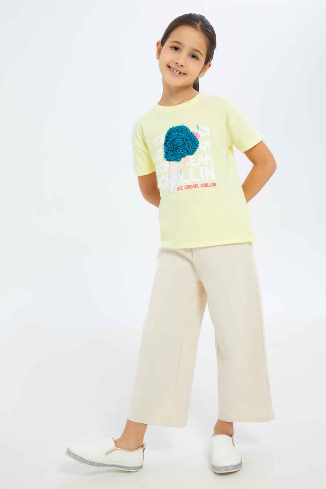 Redtag-Girls-Yellow-"Ice-Cream"-3D-Applique-Tshirt-Category:T-Shirts,-Colour:Yellow,-Deals:New-In,-Filter:Girls-(2-to-8-Yrs),-GIR-T-Shirts,-New-In-GIR-APL,-Non-Sale,-S23C,-Section:Girls-(0-to-14Yrs),-TBL-Girls-2 to 8 Years