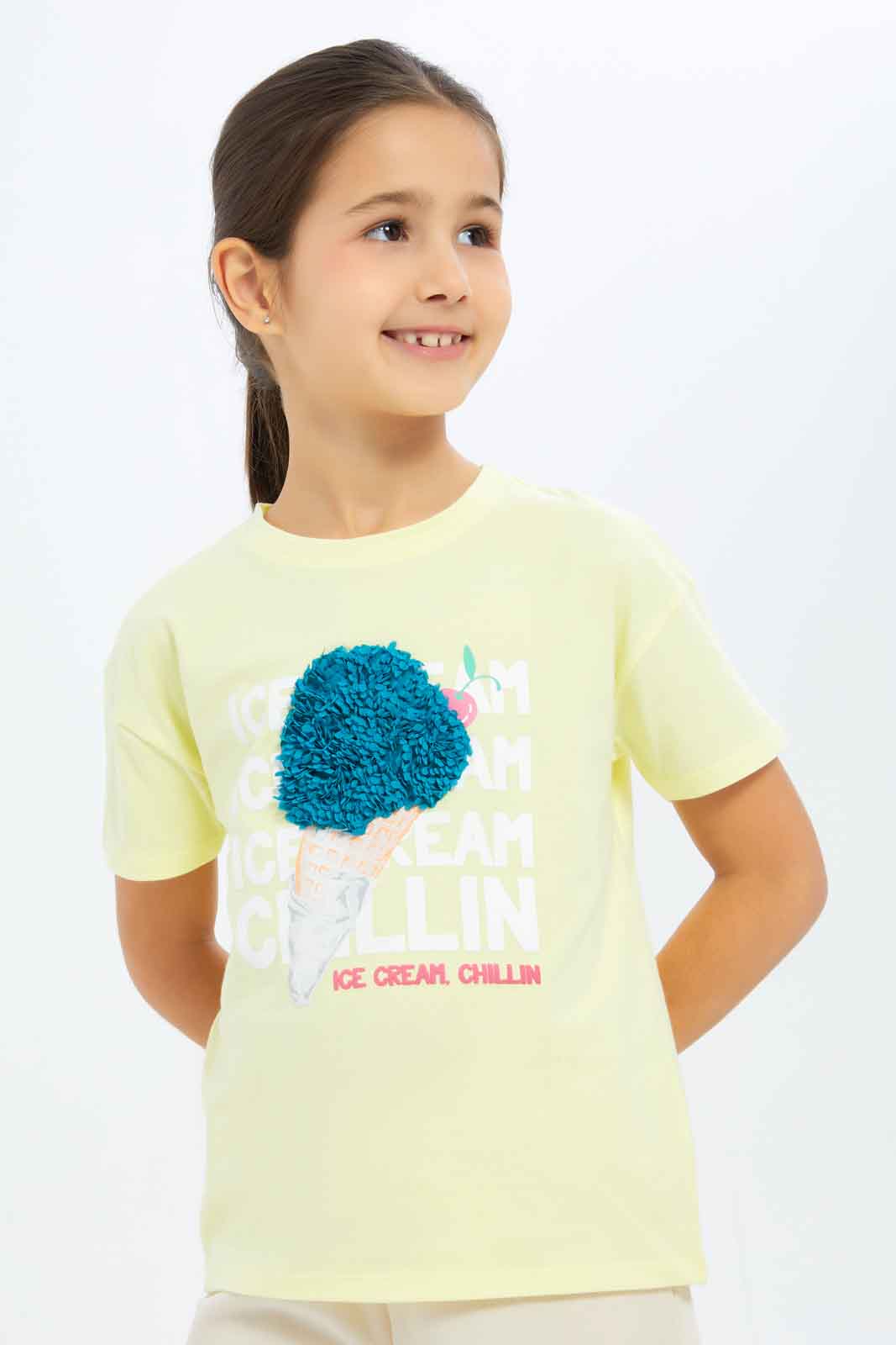 Redtag-Girls-Yellow-"Ice-Cream"-3D-Applique-Tshirt-Category:T-Shirts,-Colour:Yellow,-Deals:New-In,-Filter:Girls-(2-to-8-Yrs),-GIR-T-Shirts,-New-In-GIR-APL,-Non-Sale,-S23C,-Section:Girls-(0-to-14Yrs),-TBL-Girls-2 to 8 Years