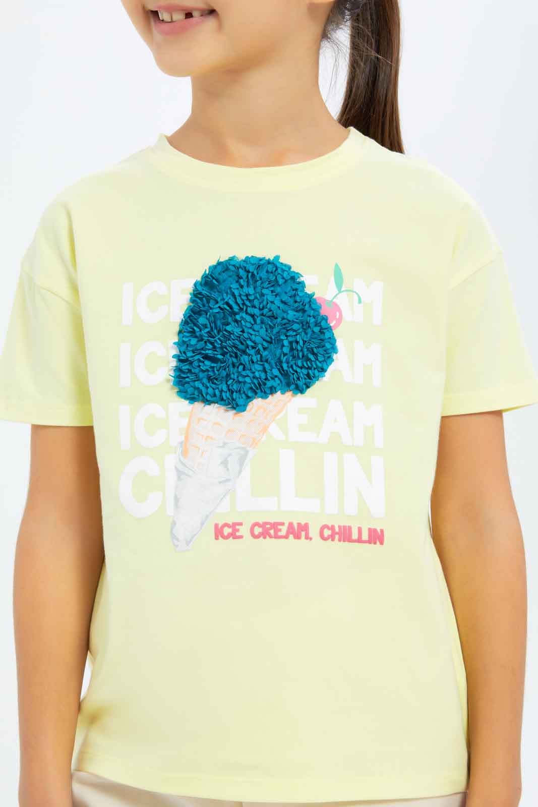 Redtag-Girls-Yellow-"Ice-Cream"-3D-Applique-Tshirt-Category:T-Shirts,-Colour:Yellow,-Deals:New-In,-Filter:Girls-(2-to-8-Yrs),-GIR-T-Shirts,-New-In-GIR-APL,-Non-Sale,-S23C,-Section:Girls-(0-to-14Yrs),-TBL-Girls-2 to 8 Years