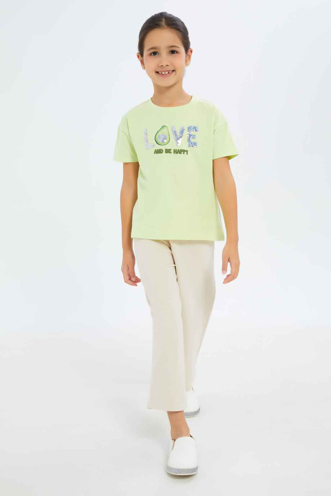 Redtag-Girls-Green-"Love"-Sequins-Tshirt-Category:T-Shirts,-Colour:Green,-Deals:New-In,-Filter:Girls-(2-to-8-Yrs),-GIR-T-Shirts,-New-In-GIR-APL,-Non-Sale,-S23C,-Section:Girls-(0-to-14Yrs),-TBL-Girls-2 to 8 Years