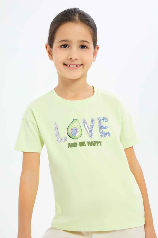Redtag-Girls-Green-"Love"-Sequins-Tshirt-Category:T-Shirts,-Colour:Green,-Deals:New-In,-Filter:Girls-(2-to-8-Yrs),-GIR-T-Shirts,-New-In-GIR-APL,-Non-Sale,-S23C,-Section:Girls-(0-to-14Yrs),-TBL-Girls-2 to 8 Years