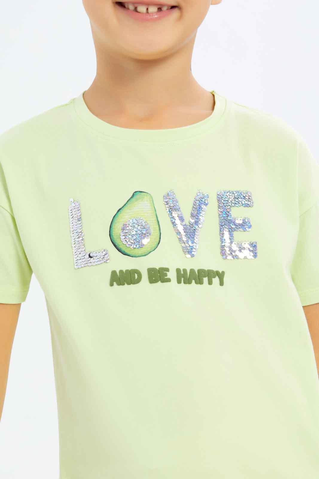 Redtag-Girls-Green-"Love"-Sequins-Tshirt-Category:T-Shirts,-Colour:Green,-Deals:New-In,-Filter:Girls-(2-to-8-Yrs),-GIR-T-Shirts,-New-In-GIR-APL,-Non-Sale,-S23C,-Section:Girls-(0-to-14Yrs),-TBL-Girls-2 to 8 Years