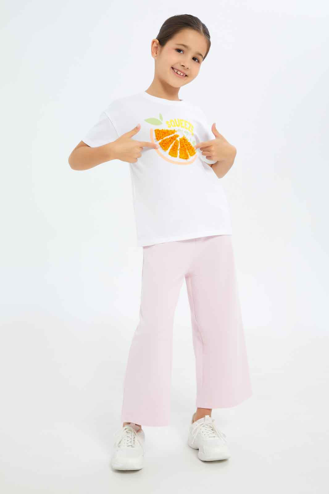 Redtag-Girls-White-"Squeeze-The-Day"-3D-Applique-Tshirt-Category:T-Shirts,-Colour:White,-Deals:New-In,-Filter:Girls-(2-to-8-Yrs),-GIR-T-Shirts,-New-In-GIR-APL,-Non-Sale,-S23C,-Section:Girls-(0-to-14Yrs),-TBL-Girls-2 to 8 Years