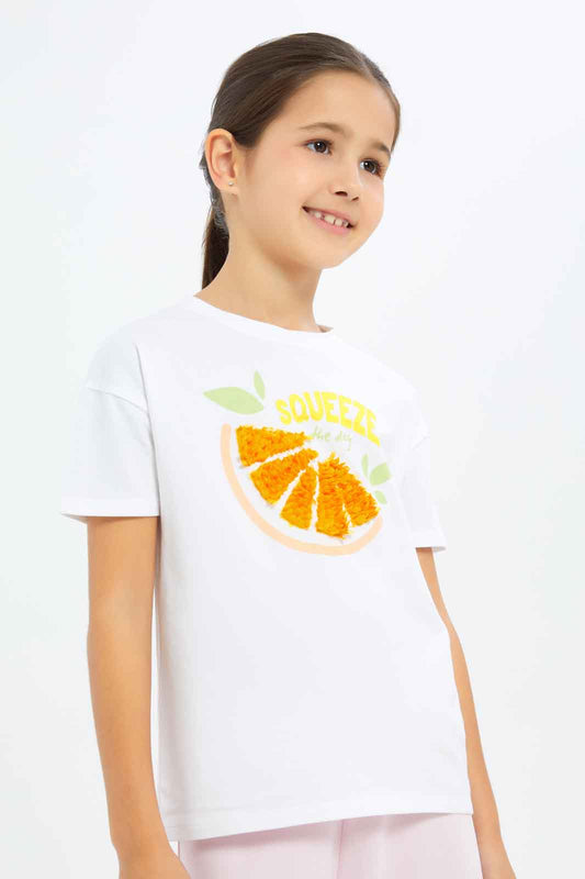 Redtag-Girls-White-"Squeeze-The-Day"-3D-Applique-Tshirt-Category:T-Shirts,-Colour:White,-Deals:New-In,-Filter:Girls-(2-to-8-Yrs),-GIR-T-Shirts,-New-In-GIR-APL,-Non-Sale,-S23C,-Section:Girls-(0-to-14Yrs),-TBL-Girls-2 to 8 Years