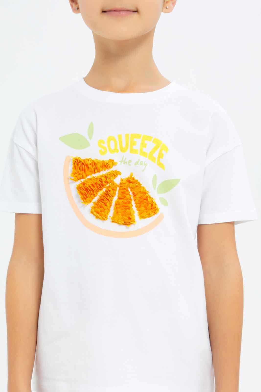 Redtag-Girls-White-"Squeeze-The-Day"-3D-Applique-Tshirt-Category:T-Shirts,-Colour:White,-Deals:New-In,-Filter:Girls-(2-to-8-Yrs),-GIR-T-Shirts,-New-In-GIR-APL,-Non-Sale,-S23C,-Section:Girls-(0-to-14Yrs),-TBL-Girls-2 to 8 Years
