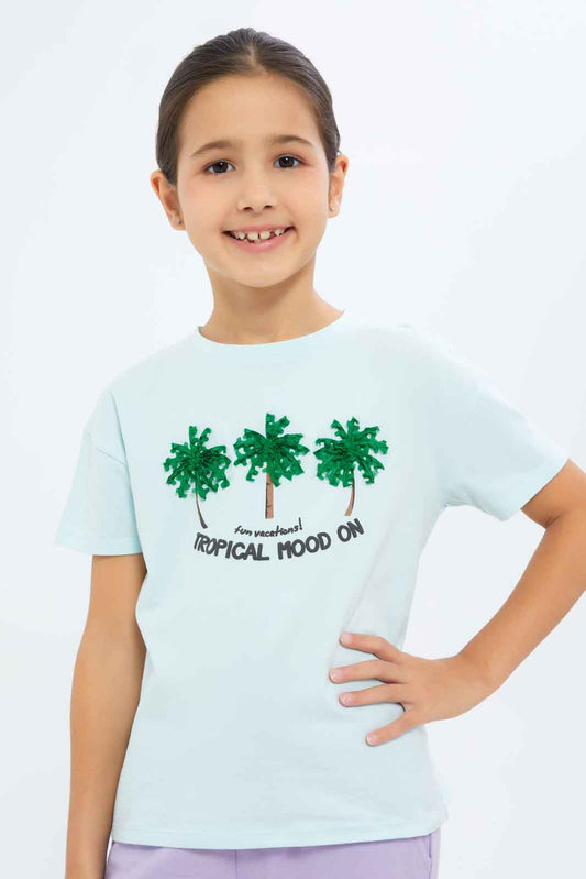 Redtag-Girls-Blue-"Tropical-Mood"-3D-Applique-Tshirt-Category:T-Shirts,-Colour:Blue,-Deals:New-In,-Filter:Girls-(2-to-8-Yrs),-GIR-T-Shirts,-New-In-GIR-APL,-Non-Sale,-S23C,-Section:Girls-(0-to-14Yrs),-TBL-Girls-2 to 8 Years