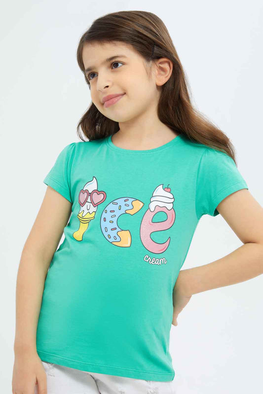 Redtag-Girls-Green-"Ice-Cream"-Print-Category:T-Shirts,-Colour:Green,-Deals:New-In,-Filter:Girls-(2-to-8-Yrs),-GIR-T-Shirts,-New-In-GIR-APL,-Non-Sale,-S23C,-Section:Girls-(0-to-14Yrs),-TBL-Girls-2 to 8 Years