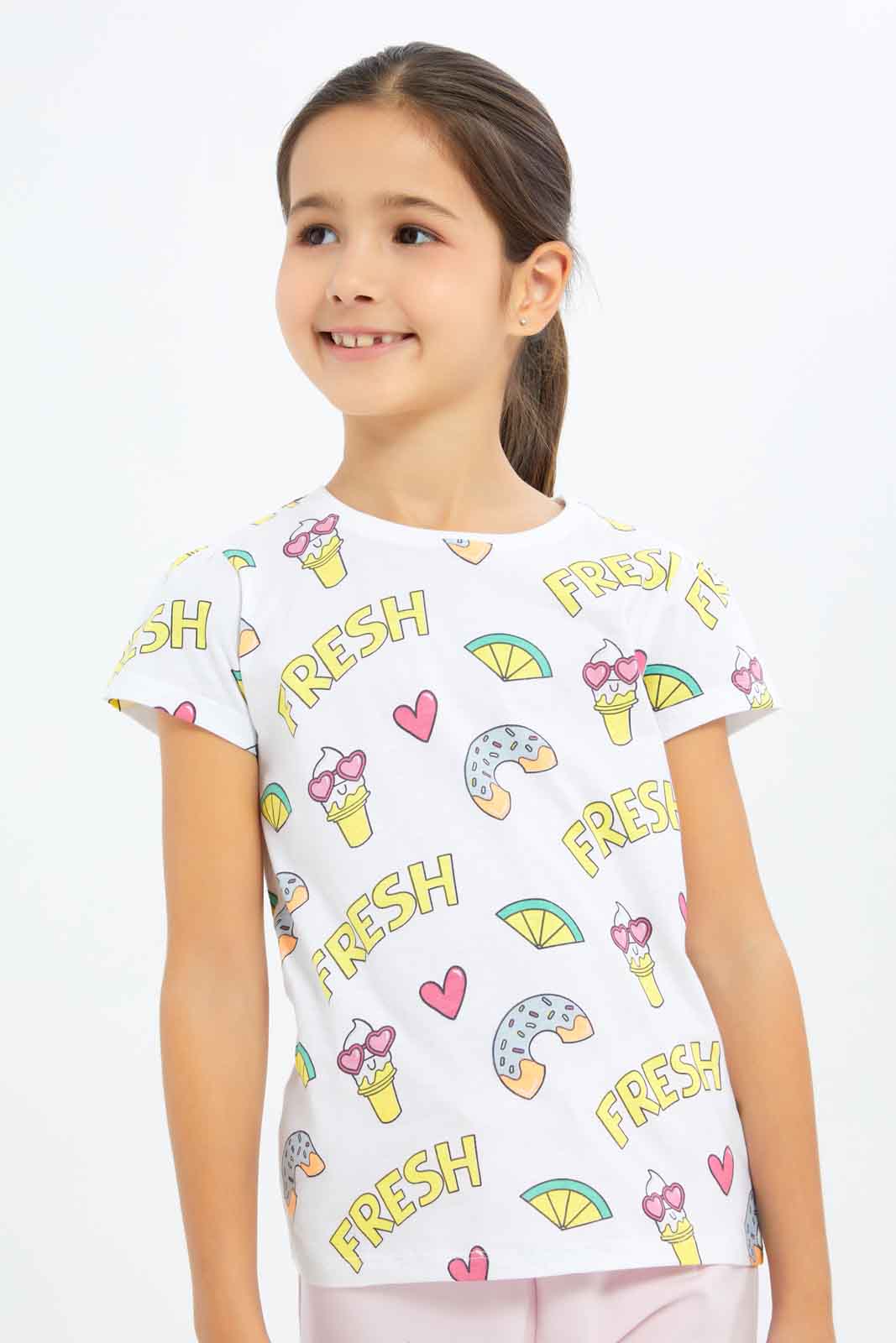 Redtag-Girls-White-"Fresh"-Allover-Print-Category:T-Shirts,-Colour:White,-Deals:New-In,-Filter:Girls-(2-to-8-Yrs),-GIR-T-Shirts,-New-In-GIR-APL,-Non-Sale,-S23C,-Section:Girls-(0-to-14Yrs),-TBL-Girls-2 to 8 Years