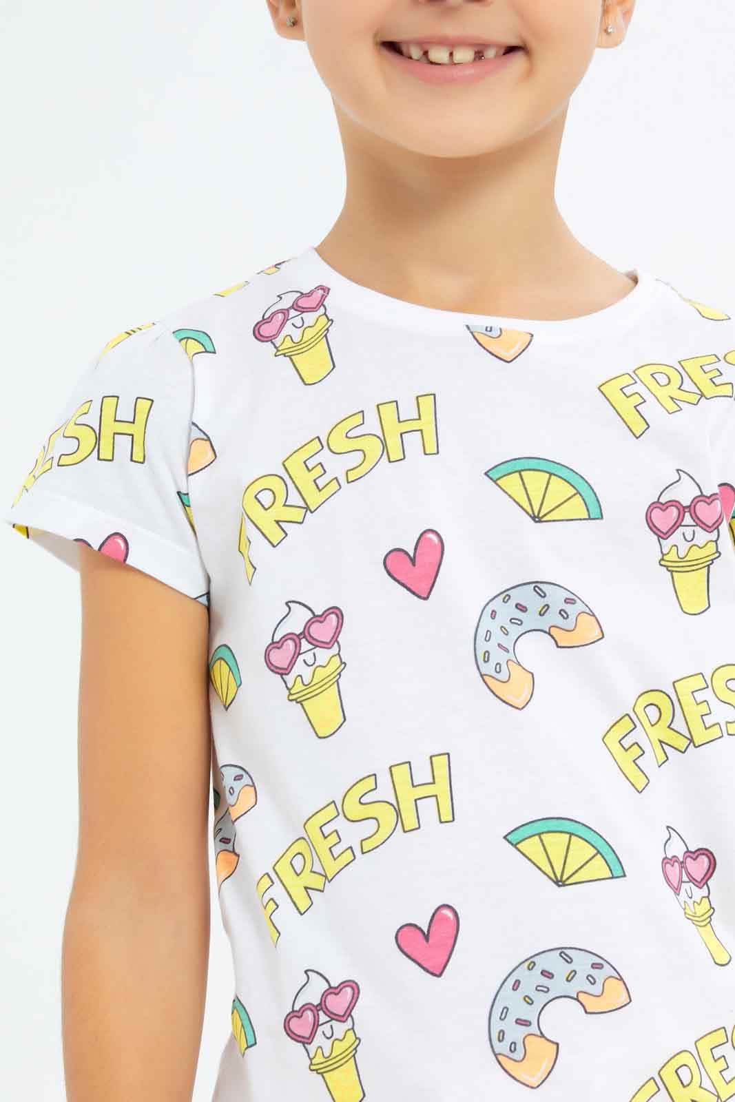 Redtag-Girls-White-"Fresh"-Allover-Print-Category:T-Shirts,-Colour:White,-Deals:New-In,-Filter:Girls-(2-to-8-Yrs),-GIR-T-Shirts,-New-In-GIR-APL,-Non-Sale,-S23C,-Section:Girls-(0-to-14Yrs),-TBL-Girls-2 to 8 Years