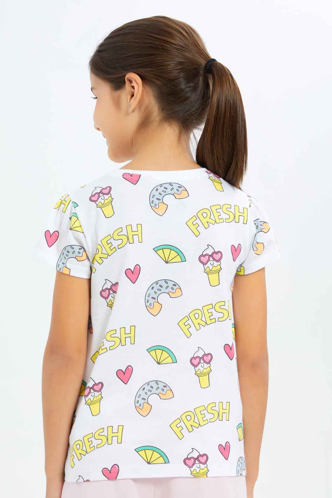 Redtag-Girls-White-"Fresh"-Allover-Print-Category:T-Shirts,-Colour:White,-Deals:New-In,-Filter:Girls-(2-to-8-Yrs),-GIR-T-Shirts,-New-In-GIR-APL,-Non-Sale,-S23C,-Section:Girls-(0-to-14Yrs),-TBL-Girls-2 to 8 Years