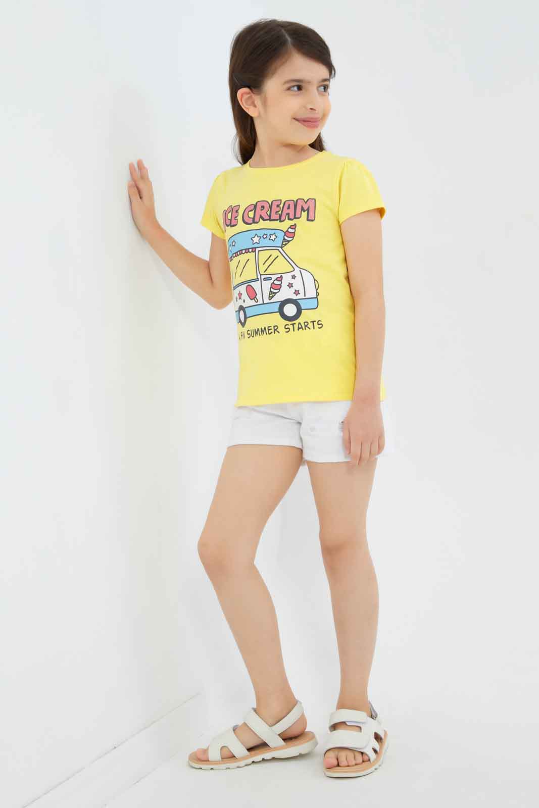 Redtag-Girls-Yellow-Ice-Cream-Van-Print-Category:T-Shirts,-Colour:Yellow,-Deals:New-In,-Filter:Girls-(2-to-8-Yrs),-GIR-T-Shirts,-New-In-GIR-APL,-Non-Sale,-S23C,-Section:Girls-(0-to-14Yrs),-TBL-Girls-2 to 8 Years