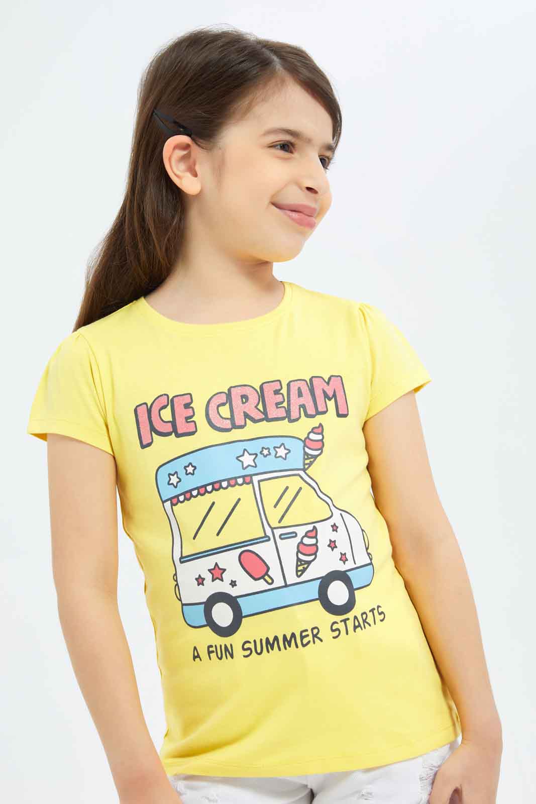 Redtag-Girls-Yellow-Ice-Cream-Van-Print-Category:T-Shirts,-Colour:Yellow,-Deals:New-In,-Filter:Girls-(2-to-8-Yrs),-GIR-T-Shirts,-New-In-GIR-APL,-Non-Sale,-S23C,-Section:Girls-(0-to-14Yrs),-TBL-Girls-2 to 8 Years