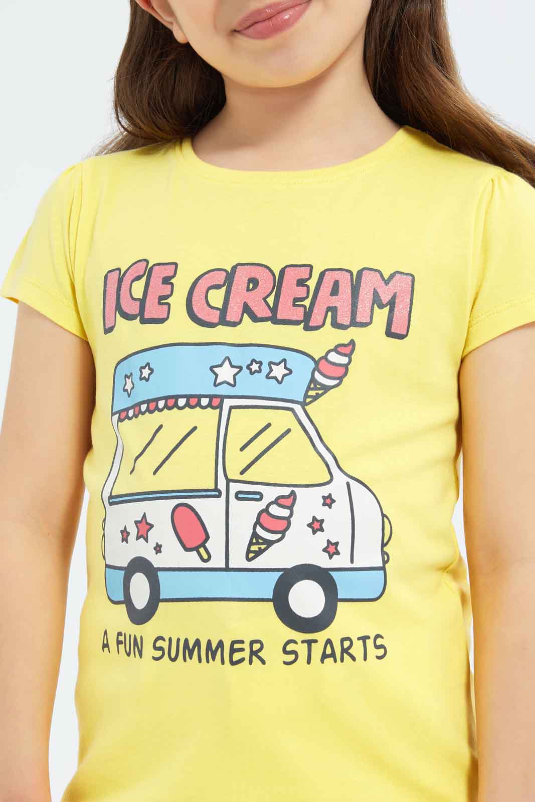 Redtag-Girls-Yellow-Ice-Cream-Van-Print-Category:T-Shirts,-Colour:Yellow,-Deals:New-In,-Filter:Girls-(2-to-8-Yrs),-GIR-T-Shirts,-New-In-GIR-APL,-Non-Sale,-S23C,-Section:Girls-(0-to-14Yrs),-TBL-Girls-2 to 8 Years