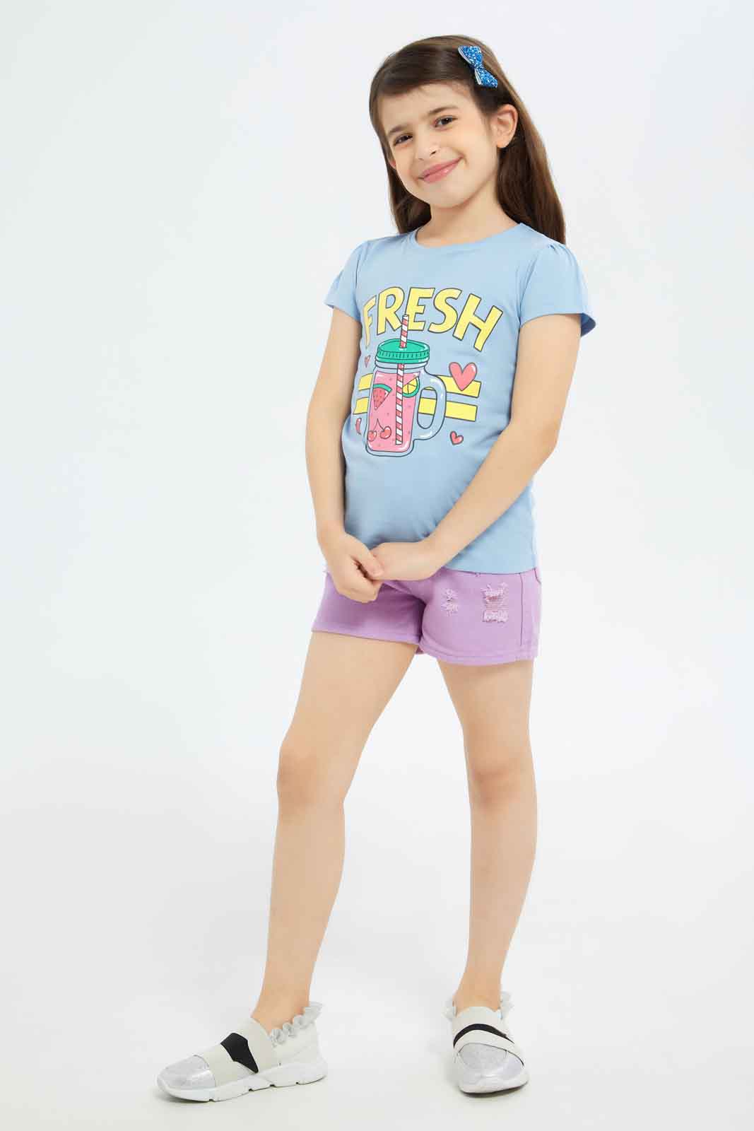 Redtag-Girls-Blue-"Fresh"-Print-Category:T-Shirts,-Colour:Blue,-Deals:New-In,-Filter:Girls-(2-to-8-Yrs),-GIR-T-Shirts,-New-In-GIR-APL,-Non-Sale,-S23C,-Section:Girls-(0-to-14Yrs),-TBL-Girls-2 to 8 Years