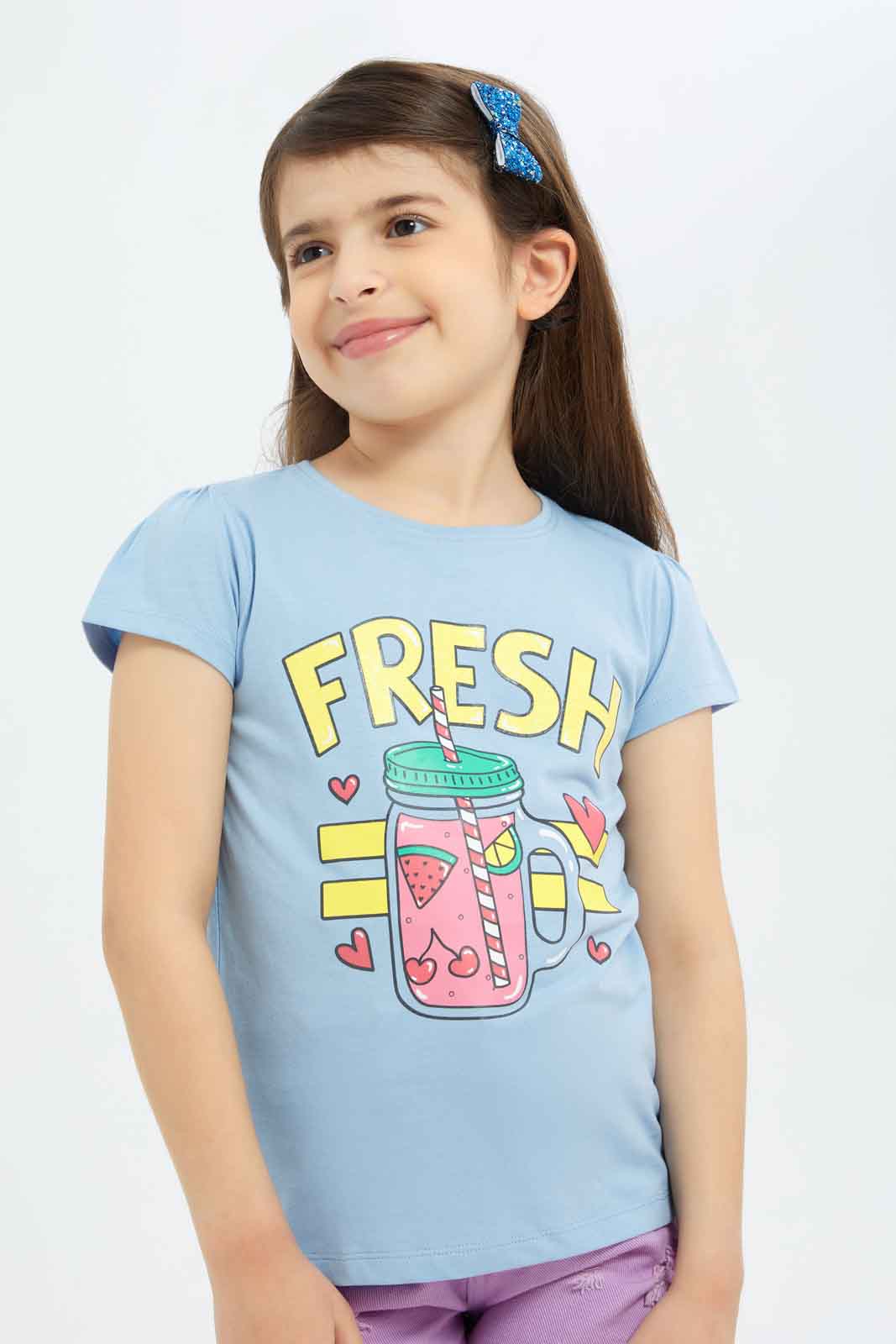 Redtag-Girls-Blue-"Fresh"-Print-Category:T-Shirts,-Colour:Blue,-Deals:New-In,-Filter:Girls-(2-to-8-Yrs),-GIR-T-Shirts,-New-In-GIR-APL,-Non-Sale,-S23C,-Section:Girls-(0-to-14Yrs),-TBL-Girls-2 to 8 Years