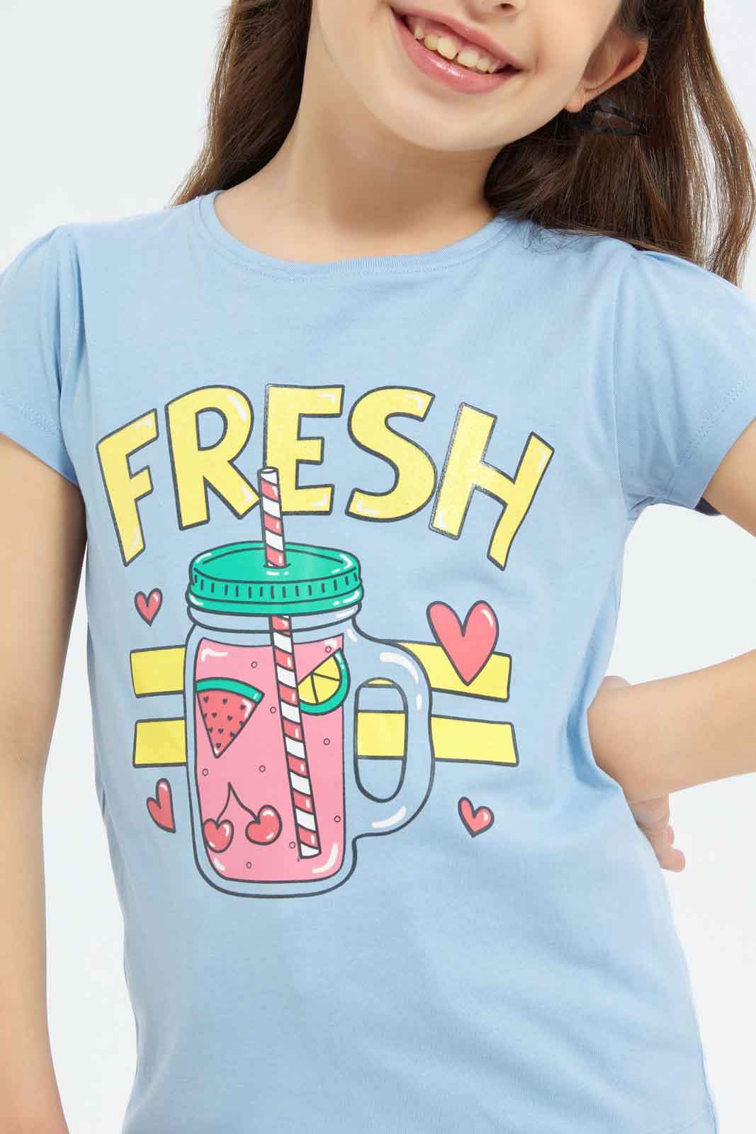 Redtag-Girls-Blue-"Fresh"-Print-Category:T-Shirts,-Colour:Blue,-Deals:New-In,-Filter:Girls-(2-to-8-Yrs),-GIR-T-Shirts,-New-In-GIR-APL,-Non-Sale,-S23C,-Section:Girls-(0-to-14Yrs),-TBL-Girls-2 to 8 Years