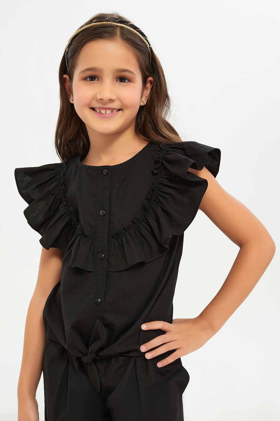Redtag-Girls-Ruffles-Collar-Co-Ord-Blouse--Black-Category:Blouses,-Colour:Black,-Deals:New-In,-Filter:Girls-(2-to-8-Yrs),-GIR-Blouses,-New-In-GIR-APL,-Non-Sale,-S23B,-Section:Girls-(0-to-14Yrs)-Girls-2 to 8 Years
