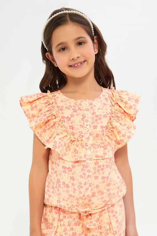 Redtag-Girls-Ruffles-Collar-Co-Ord-Blouse---Pink-Floral-Aop-Category:Blouses,-Colour:Apricot,-Deals:New-In,-Filter:Girls-(2-to-8-Yrs),-GIR-Blouses,-New-In-GIR-APL,-Non-Sale,-S23B,-Section:Girls-(0-to-14Yrs)-Girls-2 to 8 Years