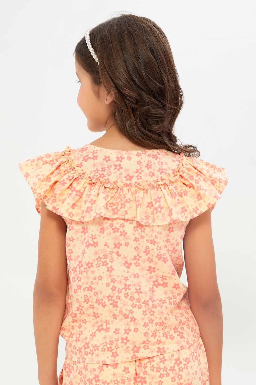 Redtag-Girls-Ruffles-Collar-Co-Ord-Blouse---Pink-Floral-Aop-Category:Blouses,-Colour:Apricot,-Deals:New-In,-Filter:Girls-(2-to-8-Yrs),-GIR-Blouses,-New-In-GIR-APL,-Non-Sale,-S23B,-Section:Girls-(0-to-14Yrs)-Girls-2 to 8 Years