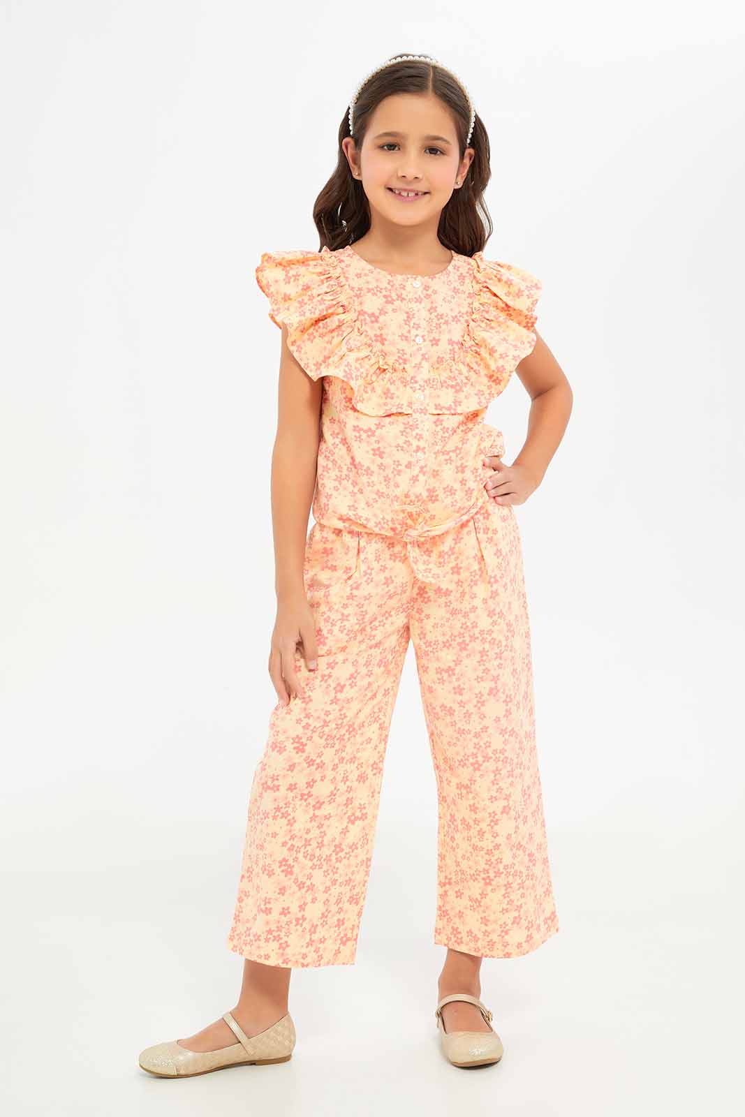 Redtag-Girls-Ruffles-Collar-Co-Ord-Blouse---Pink-Floral-Aop-Category:Blouses,-Colour:Apricot,-Deals:New-In,-Filter:Girls-(2-to-8-Yrs),-GIR-Blouses,-New-In-GIR-APL,-Non-Sale,-S23B,-Section:Girls-(0-to-14Yrs)-Girls-2 to 8 Years
