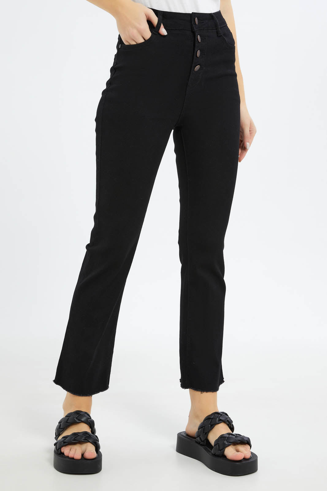 Redtag-Women-Black-High-Waist-Fit-And-Flare-Jeans-With-Button-Detailing-Category:Jeans,-Colour:Black,-Deals:New-In,-Filter:Women's-Clothing,-New-In-Women-APL,-Non-Sale,-S23C,-Section:Women,-TBL,-Women-Jeans-Women's-