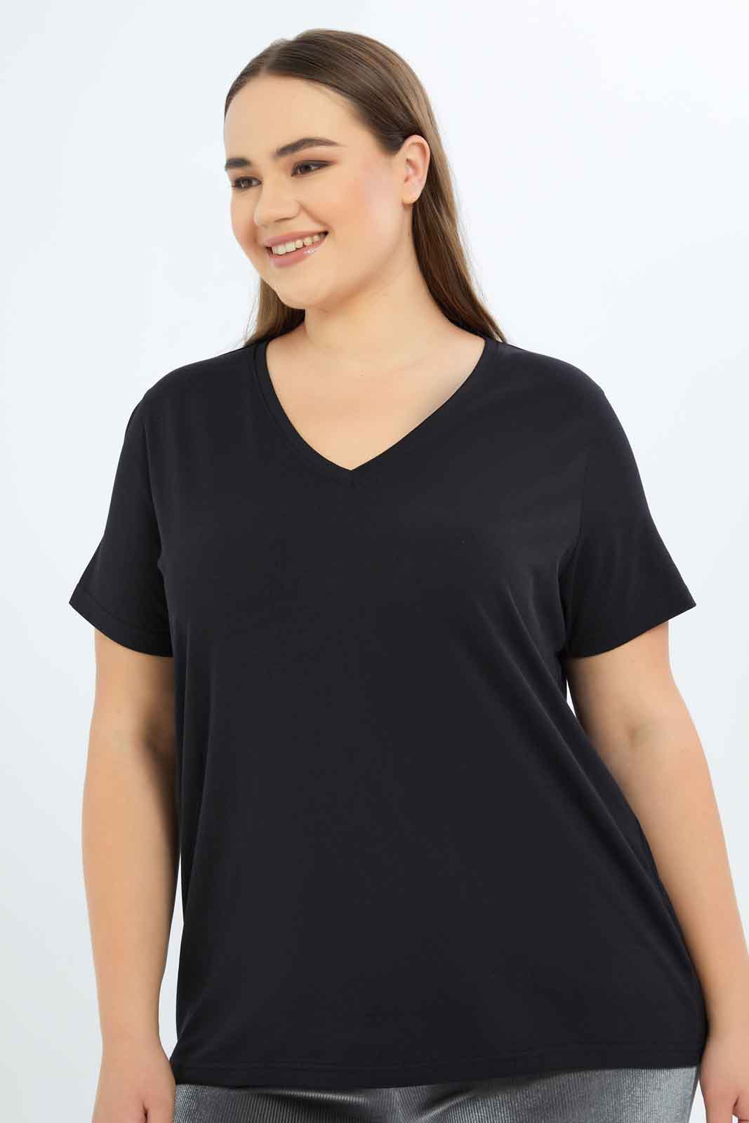 Redtag-Women-Black-V-Neck-T-Shirt-Category:T-Shirts,-Colour:Black,-Deals:New-In,-Filter:Plus-Size,-LDP-T-Shirts,-New-In-LDP-APL,-Non-Sale,-S23B,-Section:Women-Women's-