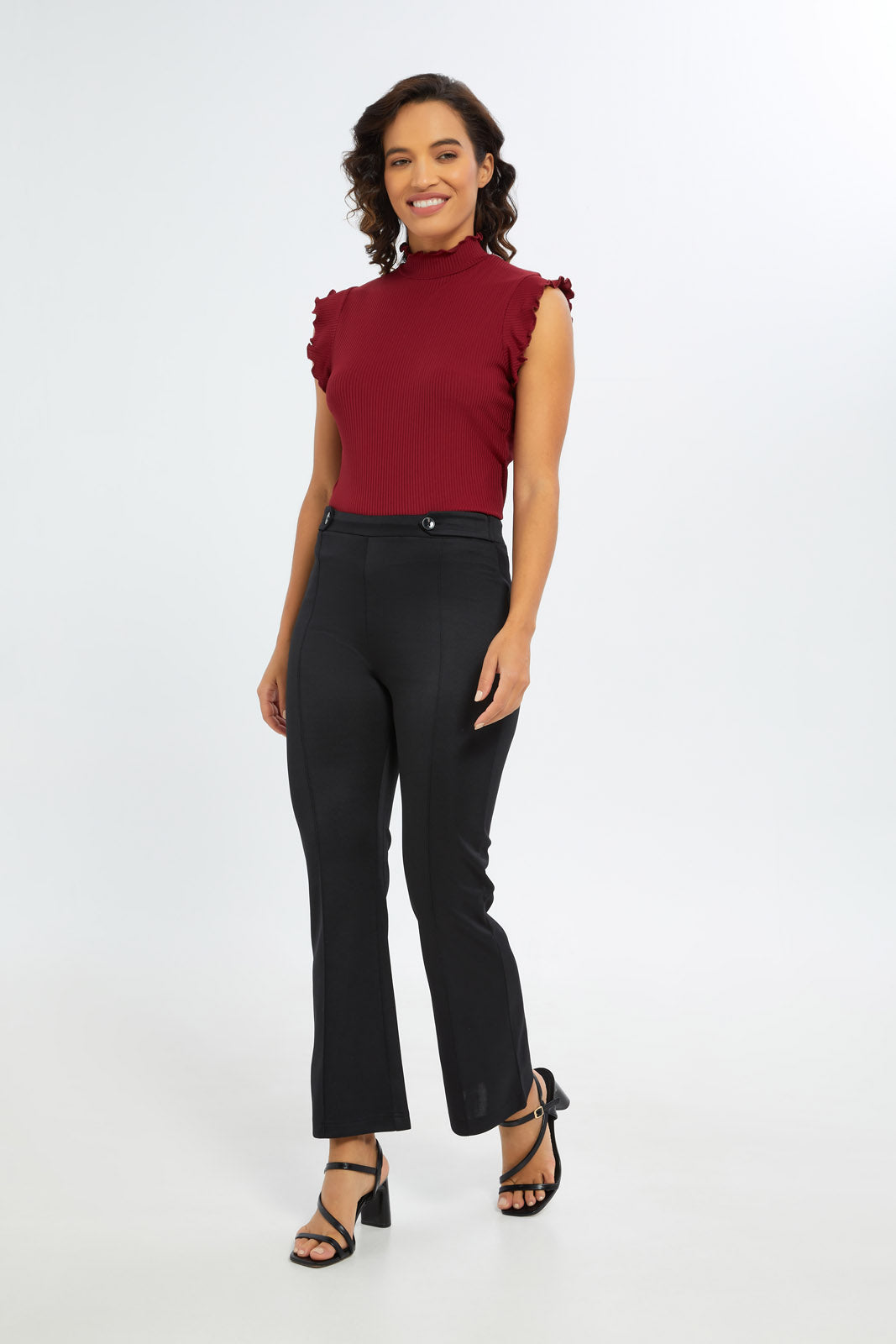 Redtag-Women-Fit-And-Flare-Trouser-With-Button-Detail-Category:Trousers,-Colour:Black,-Deals:New-In,-Filter:Women's-Clothing,-H1:LWR,-H2:LAD,-H3:TRS,-H4:CTR,-New-In-Women-APL,-Non-Sale,-S23C,-Season:S23C,-Section:Women,-Women-Trousers-Women's-