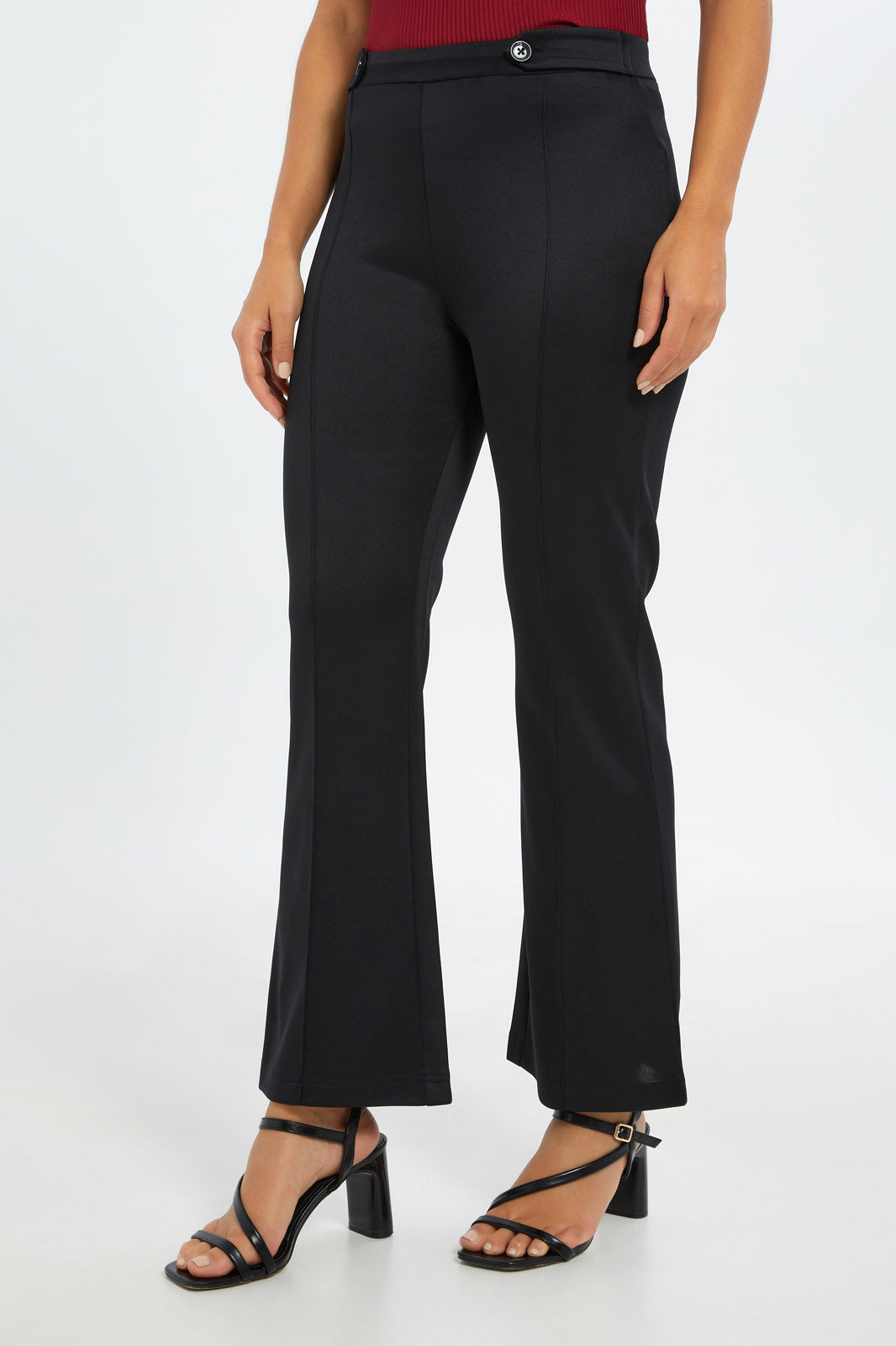Redtag-Women-Fit-And-Flare-Trouser-With-Button-Detail-Category:Trousers,-Colour:Black,-Deals:New-In,-Filter:Women's-Clothing,-H1:LWR,-H2:LAD,-H3:TRS,-H4:CTR,-New-In-Women-APL,-Non-Sale,-S23C,-Season:S23C,-Section:Women,-Women-Trousers-Women's-