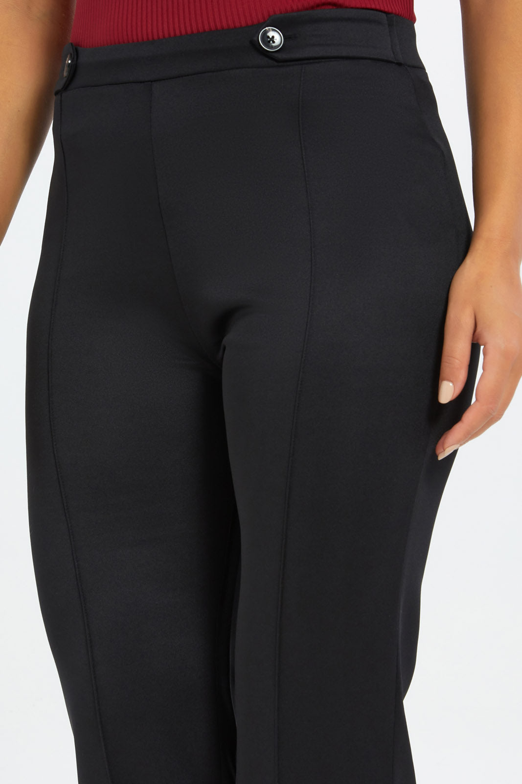 Redtag-Women-Fit-And-Flare-Trouser-With-Button-Detail-Category:Trousers,-Colour:Black,-Deals:New-In,-Filter:Women's-Clothing,-H1:LWR,-H2:LAD,-H3:TRS,-H4:CTR,-New-In-Women-APL,-Non-Sale,-S23C,-Season:S23C,-Section:Women,-Women-Trousers-Women's-