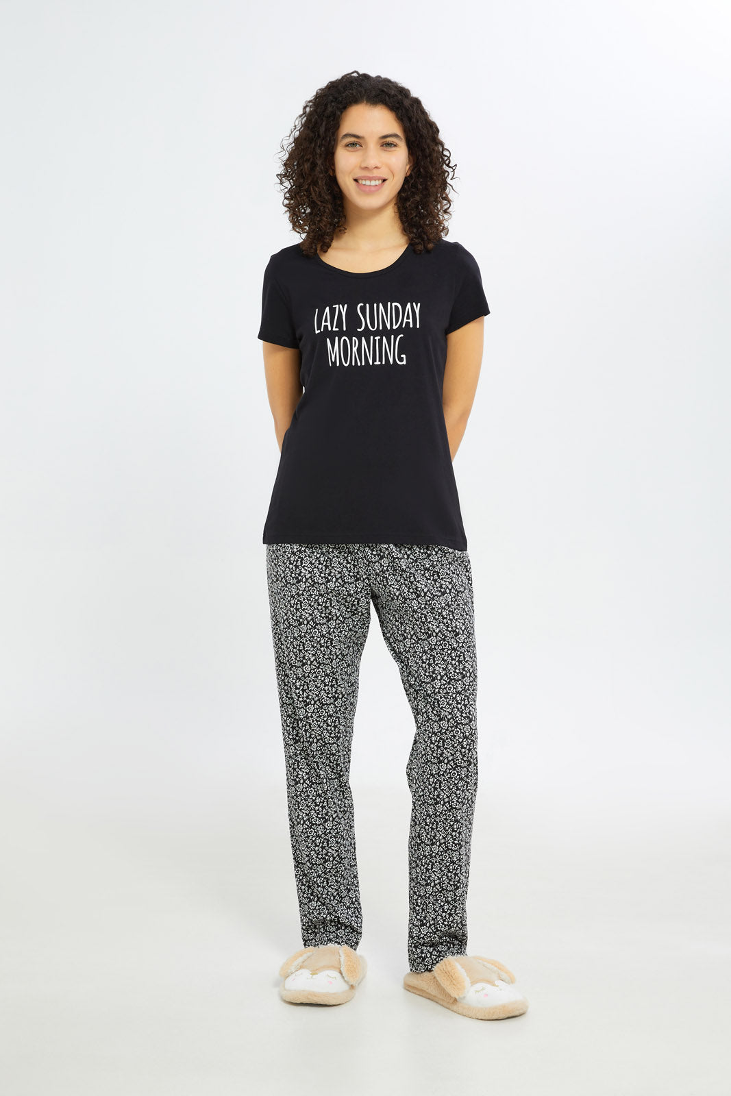 Redtag-Women-Black-Short-Aop-Bottom-Sleeves-Pajama-Set-Category:Pyjama-Sets,-Colour:Assorted,-Deals:New-In,-Filter:Women's-Clothing,-H1:LWR,-H2:LDN,-H3:NWR,-H4:PJS,-New-In-Women-APL,-Non-Sale,-Promo:TBL,-S23C,-Season:S23C,-Section:Women,-TBL,-Women-Pyjama-Sets--