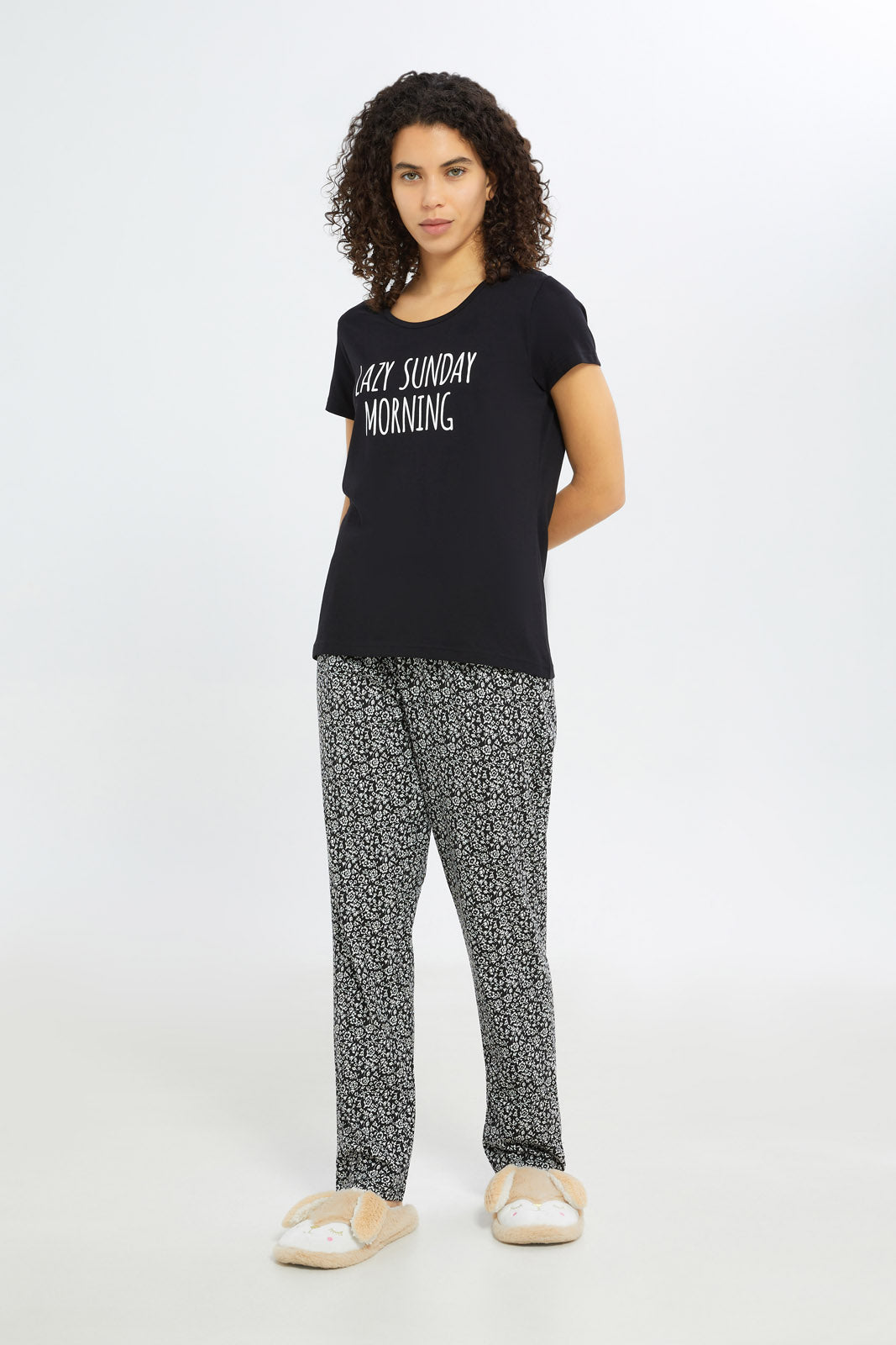 Redtag-Women-Black-Short-Aop-Bottom-Sleeves-Pajama-Set-Category:Pyjama-Sets,-Colour:Assorted,-Deals:New-In,-Filter:Women's-Clothing,-H1:LWR,-H2:LDN,-H3:NWR,-H4:PJS,-New-In-Women-APL,-Non-Sale,-Promo:TBL,-S23C,-Season:S23C,-Section:Women,-TBL,-Women-Pyjama-Sets--