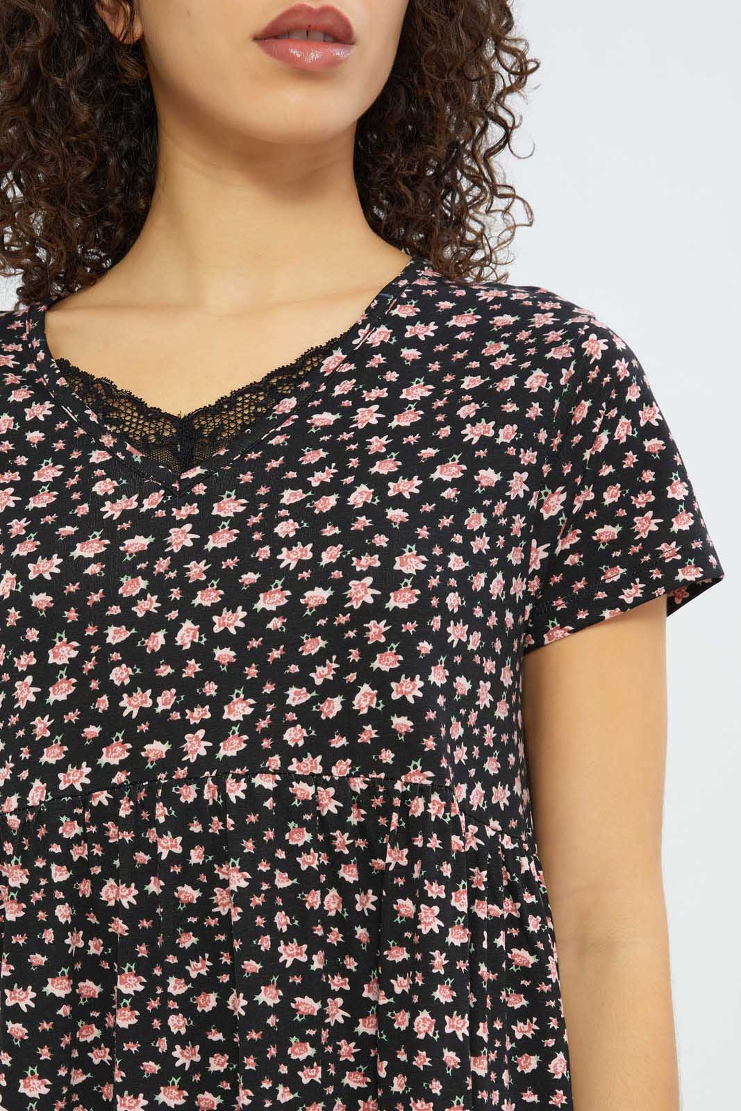 Redtag-Women-Black-Aop-Short-Sleeves-Nightgown-Category:Nightgowns,-Colour:Assorted,-Deals:New-In,-Filter:Women's-Clothing,-H1:LWR,-H2:LDN,-H3:NWR,-H4:NGN,-New-In-Women-APL,-Non-Sale,-S23C,-Season:S23C,-Section:Women,-Women-Nightgowns--