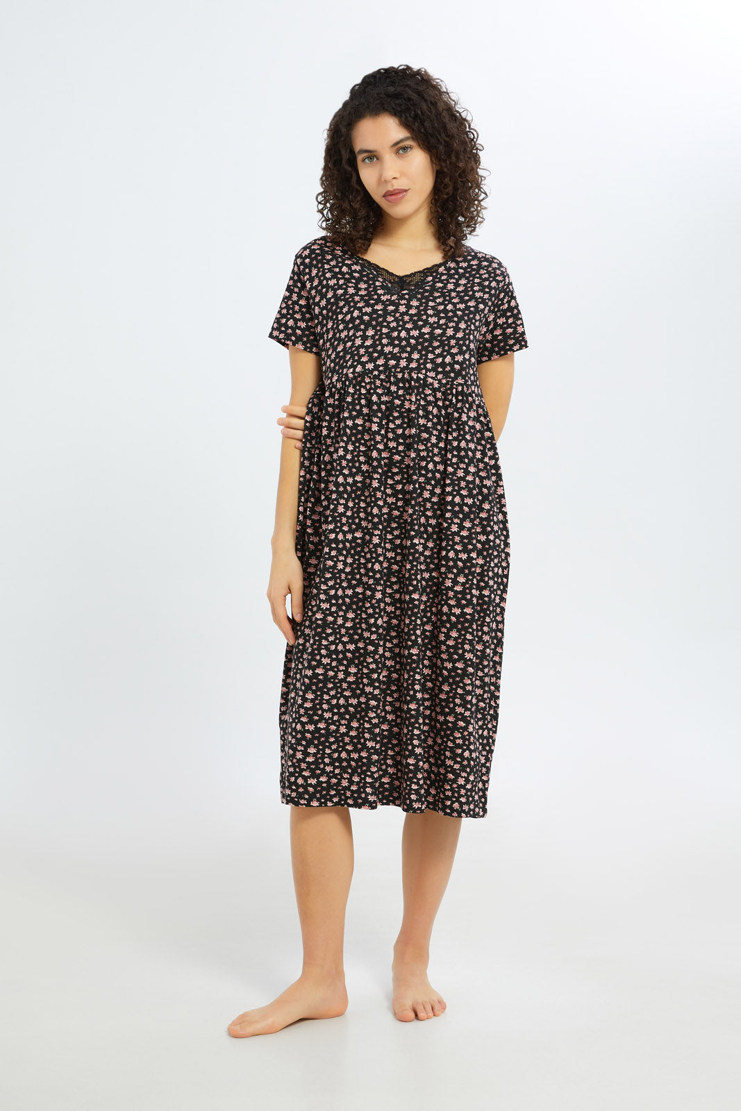 Redtag-Women-Black-Aop-Short-Sleeves-Nightgown-Category:Nightgowns,-Colour:Assorted,-Deals:New-In,-Filter:Women's-Clothing,-H1:LWR,-H2:LDN,-H3:NWR,-H4:NGN,-New-In-Women-APL,-Non-Sale,-S23C,-Season:S23C,-Section:Women,-Women-Nightgowns--