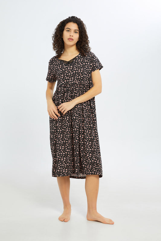 Redtag-Women-Black-Aop-Short-Sleeves-Nightgown-Category:Nightgowns,-Colour:Assorted,-Deals:New-In,-Filter:Women's-Clothing,-H1:LWR,-H2:LDN,-H3:NWR,-H4:NGN,-New-In-Women-APL,-Non-Sale,-S23C,-Season:S23C,-Section:Women,-Women-Nightgowns--