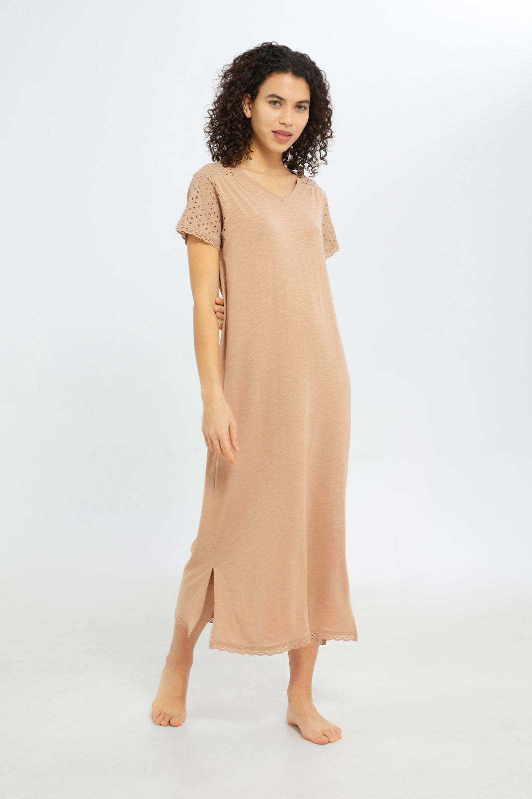 Redtag-Women-Sand-Solid-Short-Sleeves-Nightgown-In-Extended-Size-Category:Nightgowns,-Colour:Assorted,-Deals:New-In,-Filter:Women's-Clothing,-H1:LWR,-H2:LDN,-H3:NWR,-H4:NGN,-New-In-Women-APL,-Non-Sale,-S23C,-Season:S23C,-Section:Women,-Women-Nightgowns--