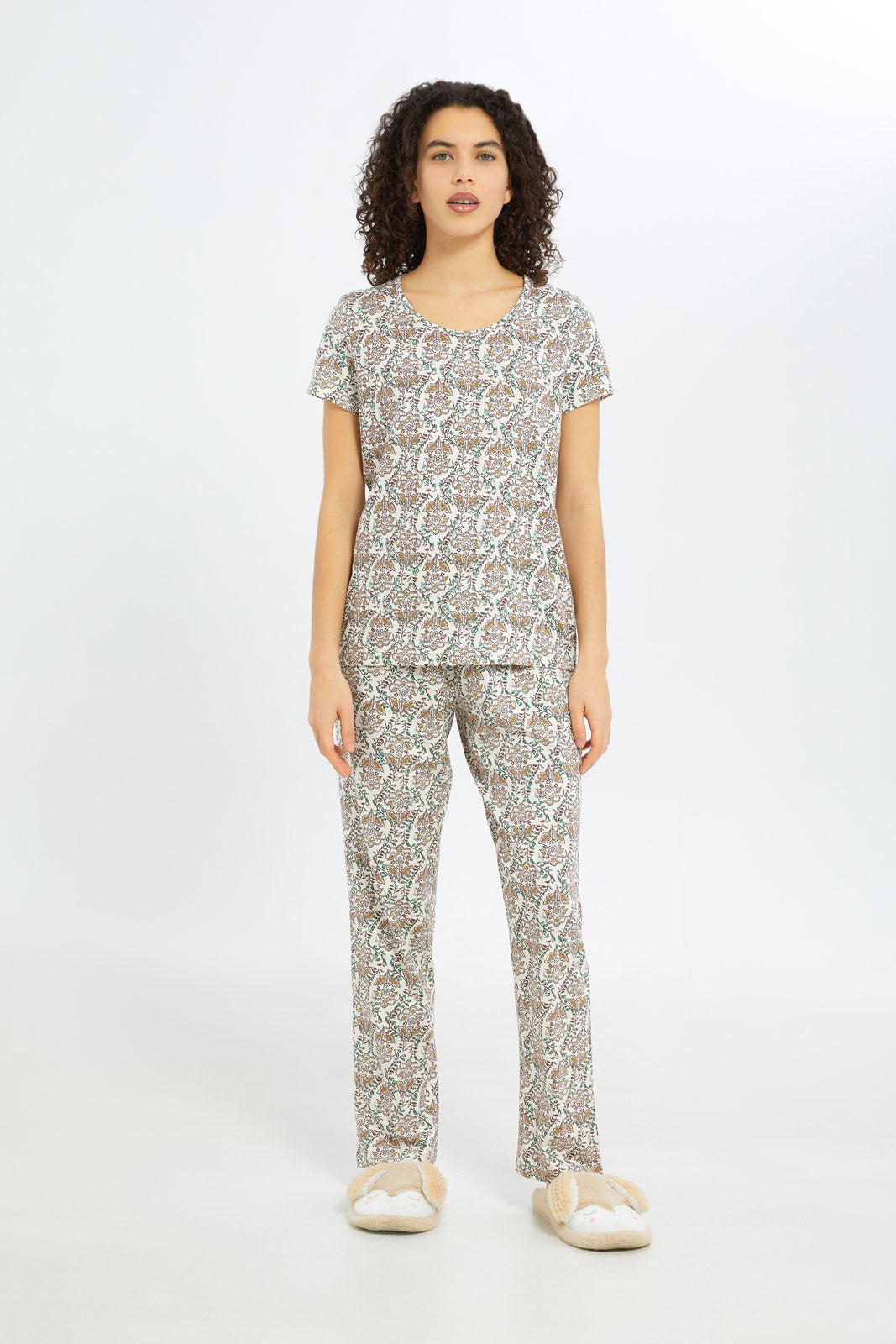 Redtag-Women-Cream-Short-Aop-Bottom-Sleeves-Pajama-Set-Category:Pyjama-Sets,-Colour:Assorted,-Deals:New-In,-Filter:Women's-Clothing,-H1:LWR,-H2:LDN,-H3:NWR,-H4:PJS,-New-In-Women-APL,-Non-Sale,-Promo:TBL,-S23C,-Season:S23C,-Section:Women,-TBL,-Women-Pyjama-Sets--