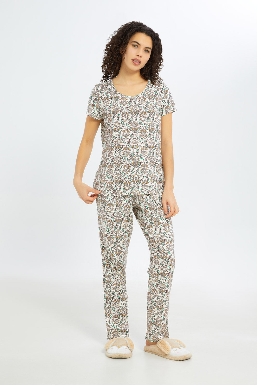 Redtag-Women-Cream-Short-Aop-Bottom-Sleeves-Pajama-Set-Category:Pyjama-Sets,-Colour:Assorted,-Deals:New-In,-Filter:Women's-Clothing,-H1:LWR,-H2:LDN,-H3:NWR,-H4:PJS,-New-In-Women-APL,-Non-Sale,-Promo:TBL,-S23C,-Season:S23C,-Section:Women,-TBL,-Women-Pyjama-Sets--