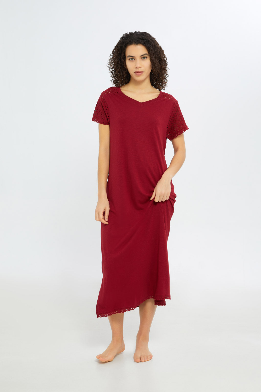 Redtag-Women-Burgundy-Solid-Short-Sleeves-Nightgown-Category:Nightgowns,-Colour:Assorted,-Deals:New-In,-Filter:Women's-Clothing,-H1:LWR,-H2:LDN,-H3:NWR,-H4:NGN,-New-In-Women-APL,-Non-Sale,-S23C,-Season:S23C,-Section:Women,-Women-Nightgowns--