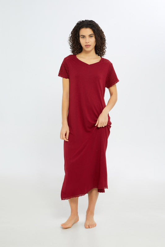 Redtag-Women-Burgundy-Solid-Short-Sleeves-Nightgown-Category:Nightgowns,-Colour:Assorted,-Deals:New-In,-Filter:Women's-Clothing,-H1:LWR,-H2:LDN,-H3:NWR,-H4:NGN,-New-In-Women-APL,-Non-Sale,-S23C,-Season:S23C,-Section:Women,-Women-Nightgowns--