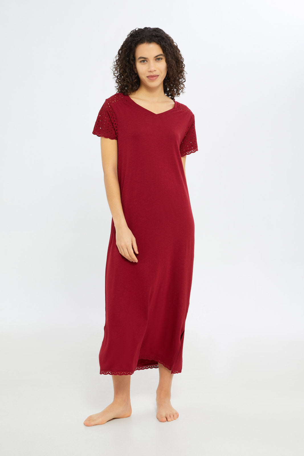 Redtag-Women-Burgundy-Solid-Short-Sleeves-Nightgown-Category:Nightgowns,-Colour:Assorted,-Deals:New-In,-Filter:Women's-Clothing,-H1:LWR,-H2:LDN,-H3:NWR,-H4:NGN,-New-In-Women-APL,-Non-Sale,-S23C,-Season:S23C,-Section:Women,-Women-Nightgowns--