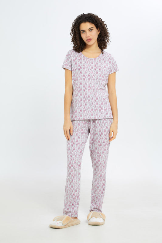 Redtag-Women-Grey-Short-Aop-Bottom-Sleeves-Pajama-Set-Category:Pyjama-Sets,-Colour:Assorted,-Deals:New-In,-Filter:Women's-Clothing,-H1:LWR,-H2:LDN,-H3:NWR,-H4:PJS,-New-In-Women-APL,-Non-Sale,-Promo:TBL,-S23C,-Season:S23C,-Section:Women,-TBL,-Women-Pyjama-Sets--