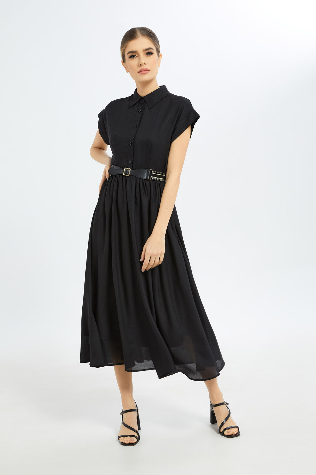 Redtag-Women-Black-Belted-Dress-Category:Dresses,-Colour:Black,-Deals:New-In,-Filter:Women's-Clothing,-H1:LWR,-H2:LDC,-H3:DRS,-H4:CAD,-LDC,-LDC-Dresses,-New-In-LDC-APL,-Non-Sale,-S23B,-Season:S23C,-Section:Women-Women's-