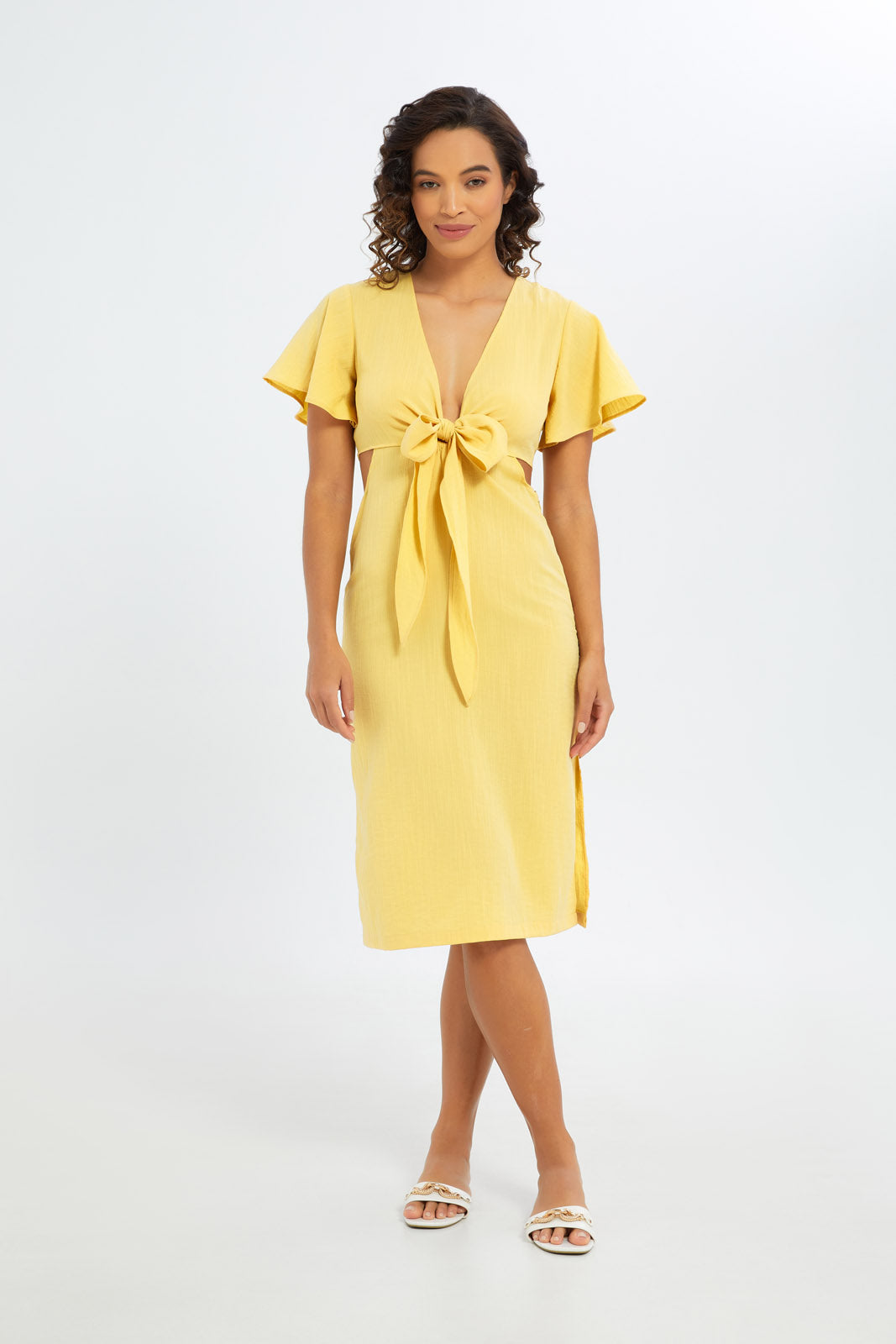 Redtag-Women-Yellow-Tie-Front-Tea-Dress-Category:Dresses,-Colour:Yellow,-Deals:New-In,-Filter:Women's-Clothing,-H1:LWR,-H2:LAD,-H3:DRS,-H4:CAD,-New-In-Women-APL,-Non-Sale,-S23C,-Season:S23C,-Section:Women,-Women-Dresses-Women's-