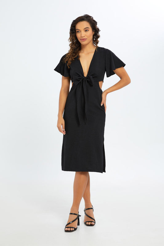 Redtag-Women-Tie-Front-Tea-Dress-Category:Dresses,-Colour:Black,-Deals:New-In,-Filter:Women's-Clothing,-H1:LWR,-H2:LAD,-H3:DRS,-H4:CAD,-New-In-Women-APL,-Non-Sale,-S23C,-Season:S23C,-Section:Women,-Women-Dresses-Women's-