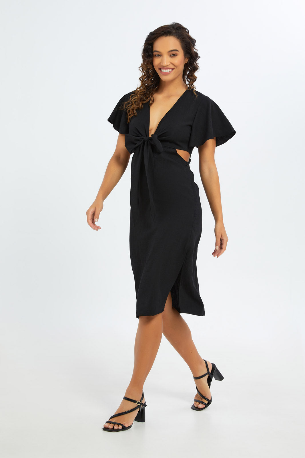 Redtag-Women-Tie-Front-Tea-Dress-Category:Dresses,-Colour:Black,-Deals:New-In,-Filter:Women's-Clothing,-H1:LWR,-H2:LAD,-H3:DRS,-H4:CAD,-New-In-Women-APL,-Non-Sale,-S23C,-Season:S23C,-Section:Women,-Women-Dresses-Women's-
