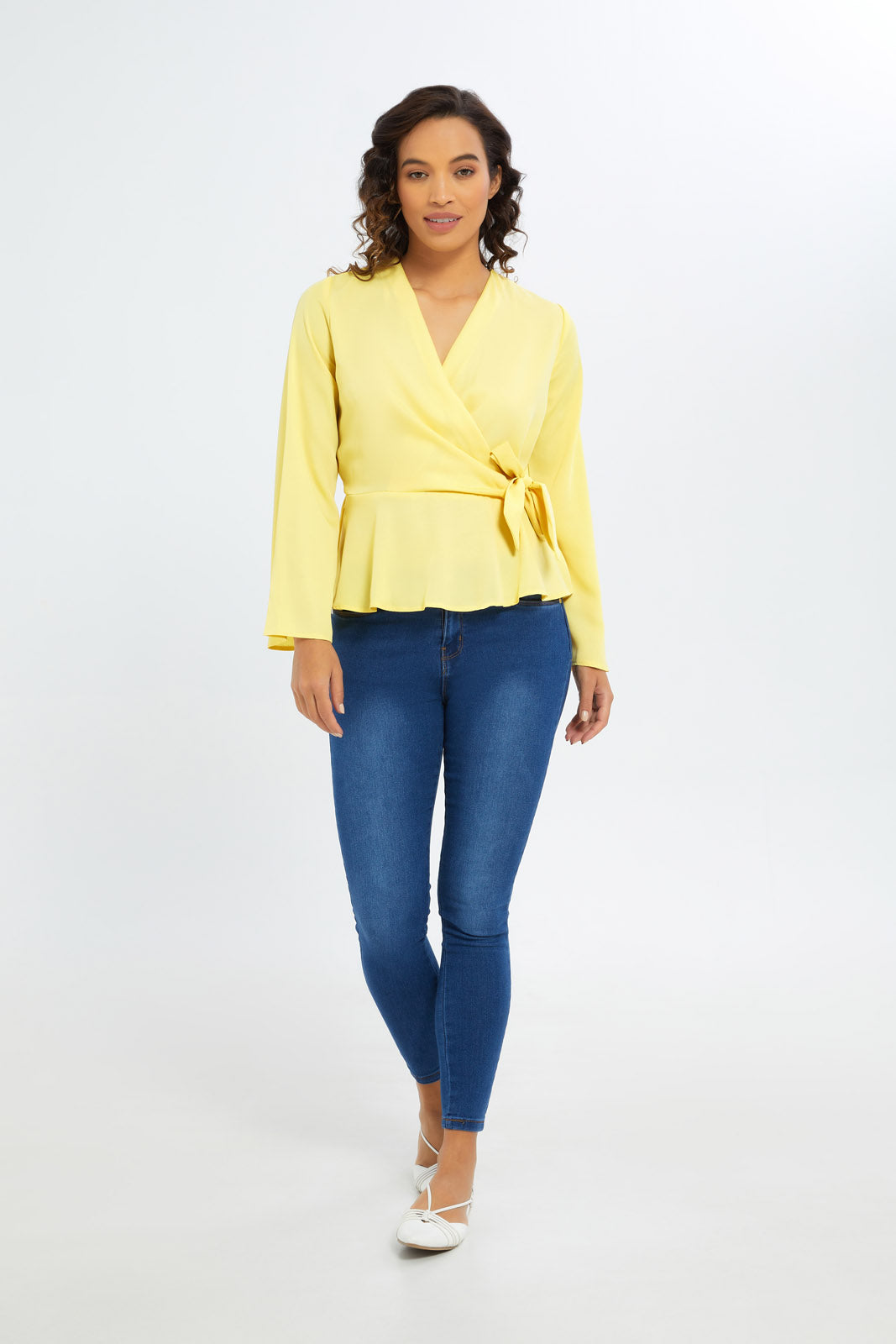 Redtag-Women-Yellow-Peplum-Wrap-Blouse-Category:Blouses,-Colour:Yellow,-Deals:New-In,-Filter:Women's-Clothing,-H1:LWR,-H2:LAD,-H3:BLO,-H4:CBL,-New-In-Women-APL,-Non-Sale,-S23C,-Season:S23C,-Section:Women,-Women-Blouses-Women's-