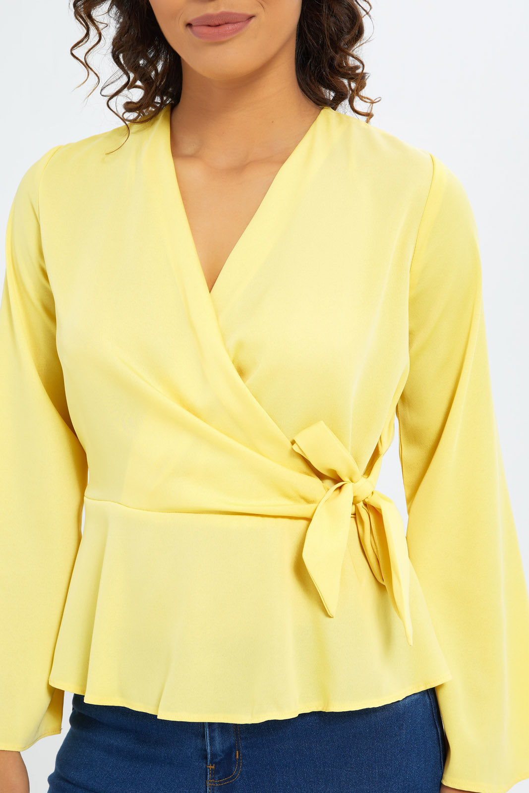 Redtag-Women-Yellow-Peplum-Wrap-Blouse-Category:Blouses,-Colour:Yellow,-Deals:New-In,-Filter:Women's-Clothing,-H1:LWR,-H2:LAD,-H3:BLO,-H4:CBL,-New-In-Women-APL,-Non-Sale,-S23C,-Season:S23C,-Section:Women,-Women-Blouses-Women's-
