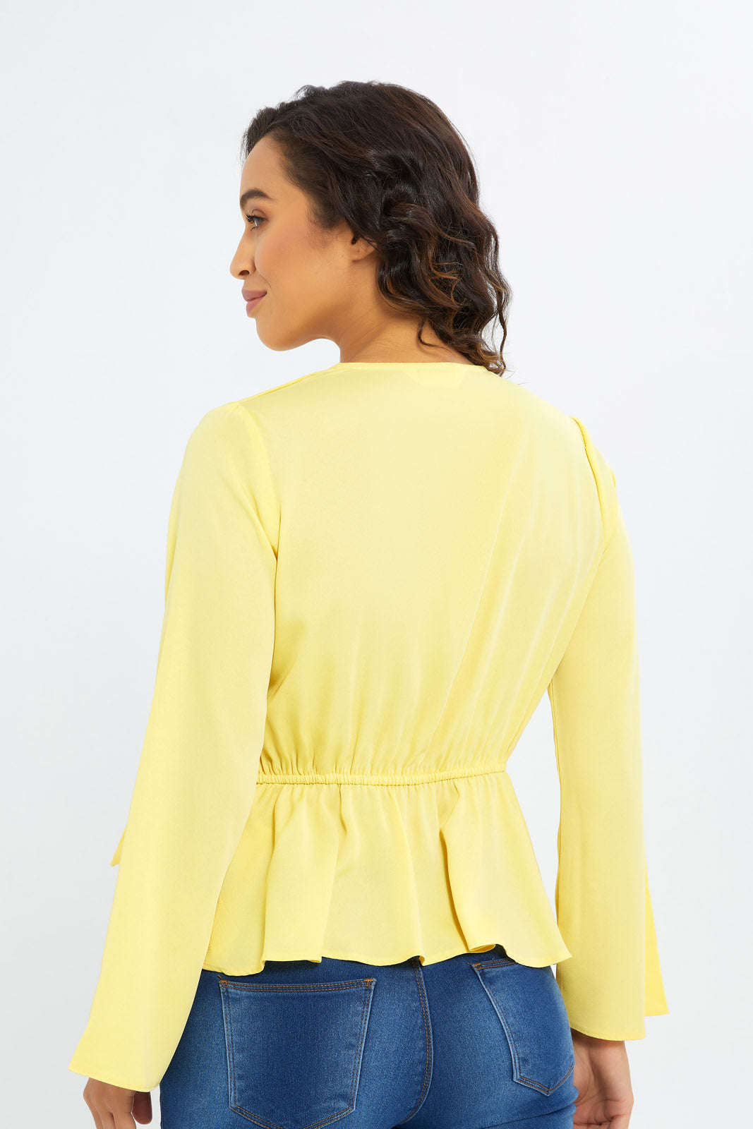 Redtag-Women-Yellow-Peplum-Wrap-Blouse-Category:Blouses,-Colour:Yellow,-Deals:New-In,-Filter:Women's-Clothing,-H1:LWR,-H2:LAD,-H3:BLO,-H4:CBL,-New-In-Women-APL,-Non-Sale,-S23C,-Season:S23C,-Section:Women,-Women-Blouses-Women's-