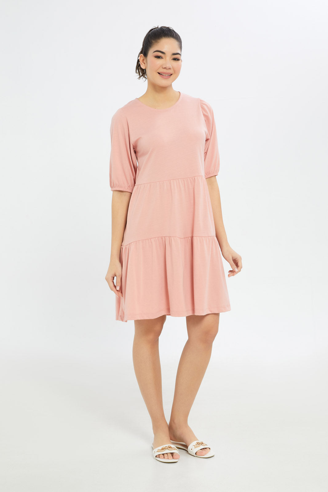 Redtag-Women-Blush-Epp-Jersey-Tiered-Dress-Category:Dresses,-Colour:Apricot,-Deals:New-In,-Dress-Size:Short-Dress,-Filter:Women's-Clothing,-H1:LWR,-H2:LAD,-H3:DRS,-H4:CAD,-New-In-Women-APL,-Non-Sale,-PPE,-Promo:PPE,-S23B,-Season:S23B,-Section:Women,-Women-Dresses-Women's-