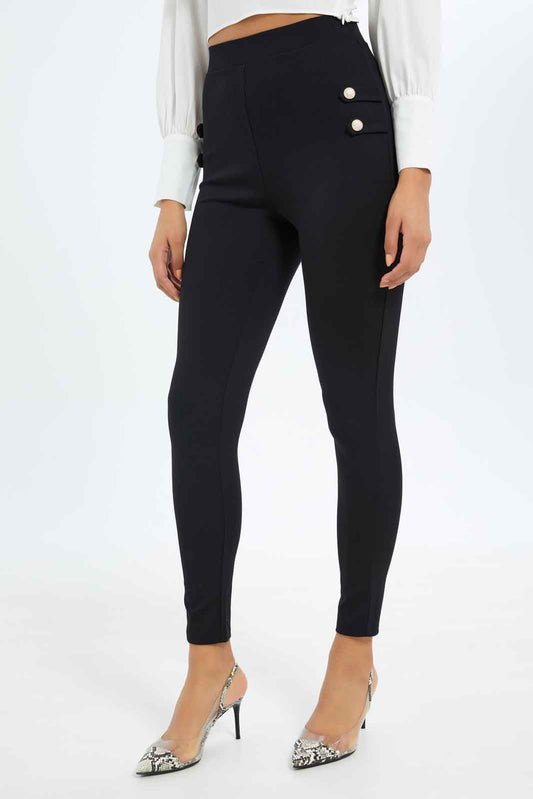 Redtag-Women-Grey-Both-Side-Button-Detail-Legging-Category:Leggings,-Colour:Charcoal,-Deals:New-In,-Filter:Women's-Clothing,-New-In-Women-APL,-Non-Sale,-S23C,-Section:Women,-Women-Leggings-Women's-